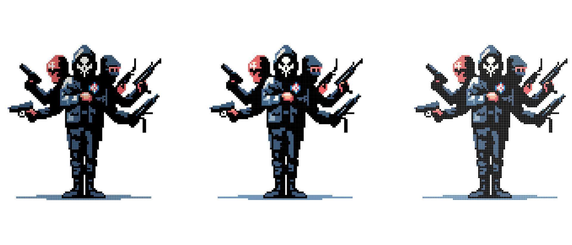 Fantasy character in masks and dark clothes on a white background in pixel style vector