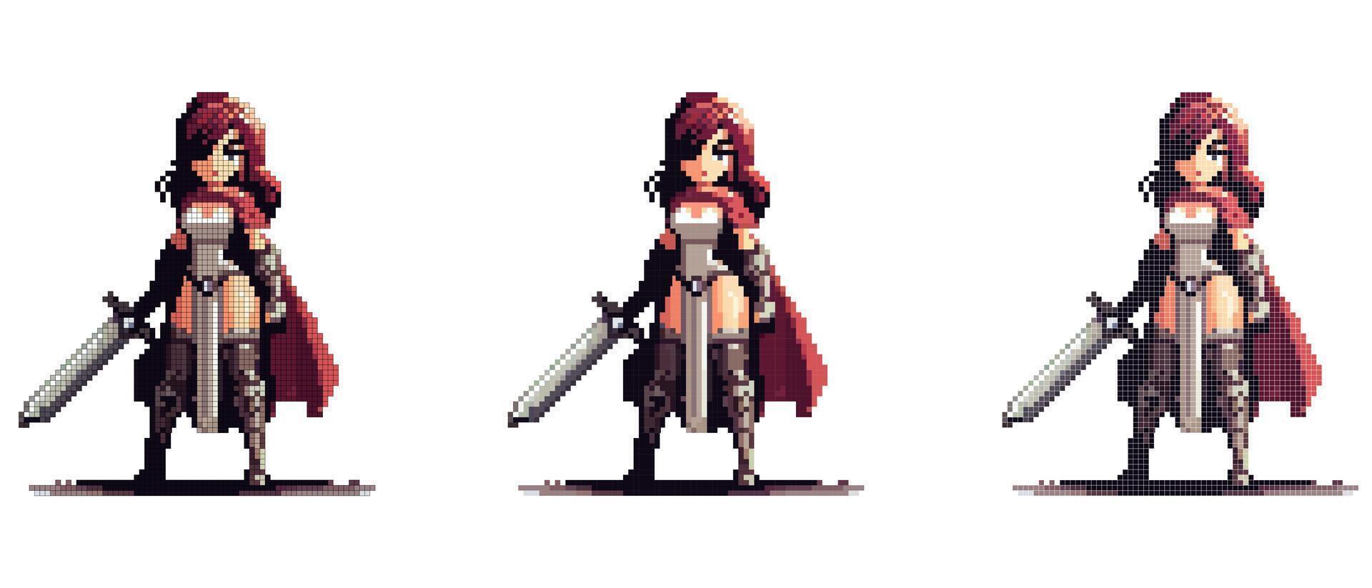Fierce female warrior in exquisite armor, confident with a big sword on a white background, in pixel style vector
