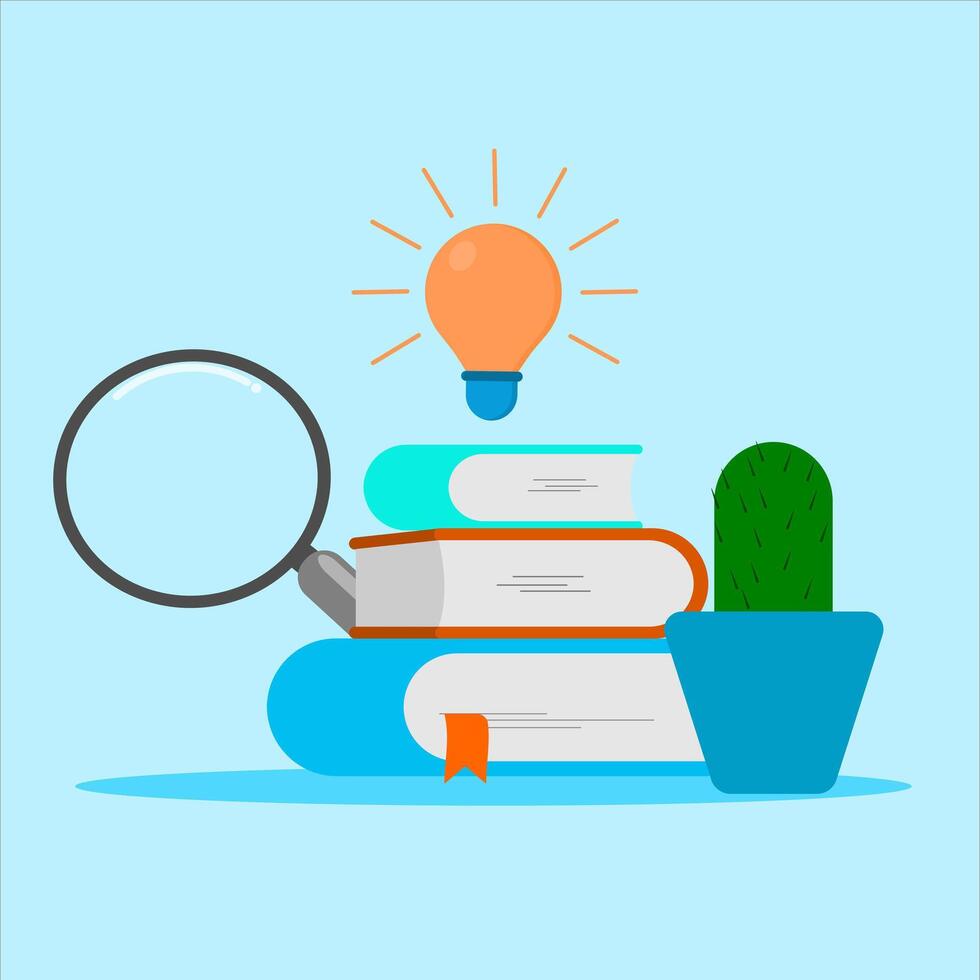 Books, magnifying glass, cactus and light bulb illustration vector