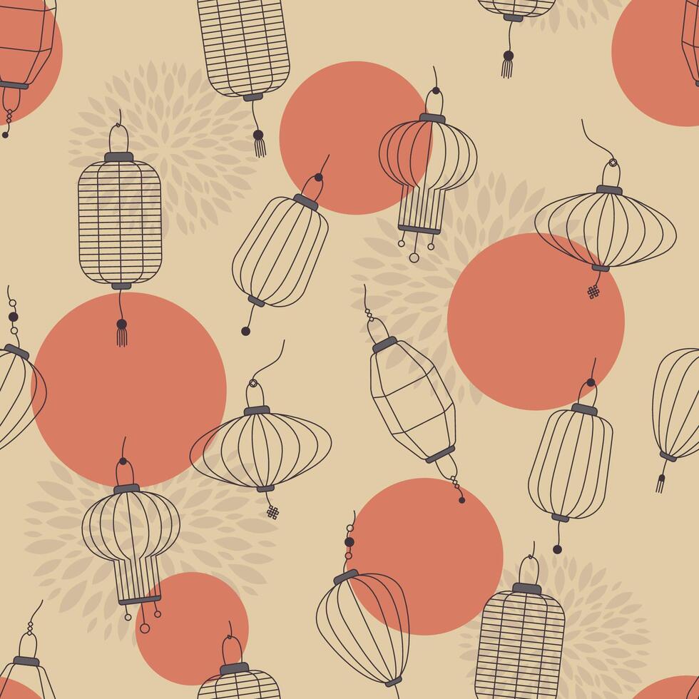 Traditional Chinese Lantern seamless pattern. Outline paper lanterns on abstract back. Illustration for background, textile, greeting. Symbols of Chinese New Year and lanterns festival vector