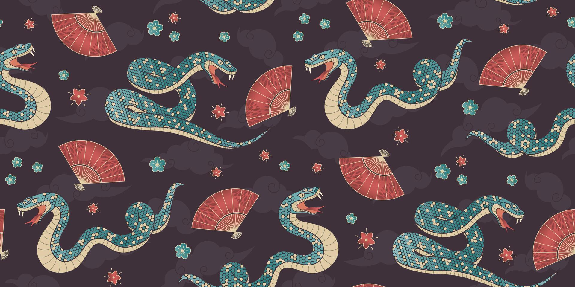 Chinese snake seamless pattern. Geometric style Symbol of the Lunar New Year 2025 and fans on a brown back. Background for greeting, banner, wrapping paper, textile vector