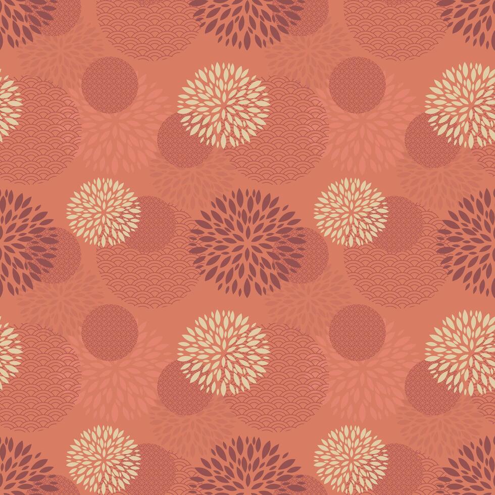 Asian abstract background. Geometric ornament and flowers shape on red back. Seamless pattern for textile, poster, banner, greeting card vector