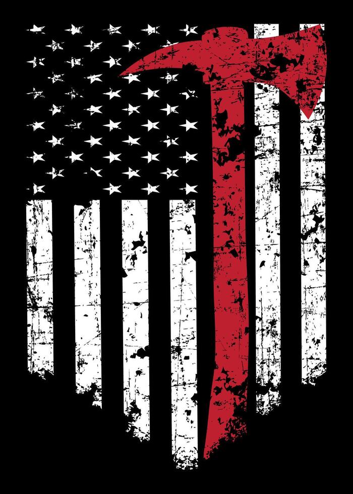American Grunge Flag with red Fire Fighter Axe vector