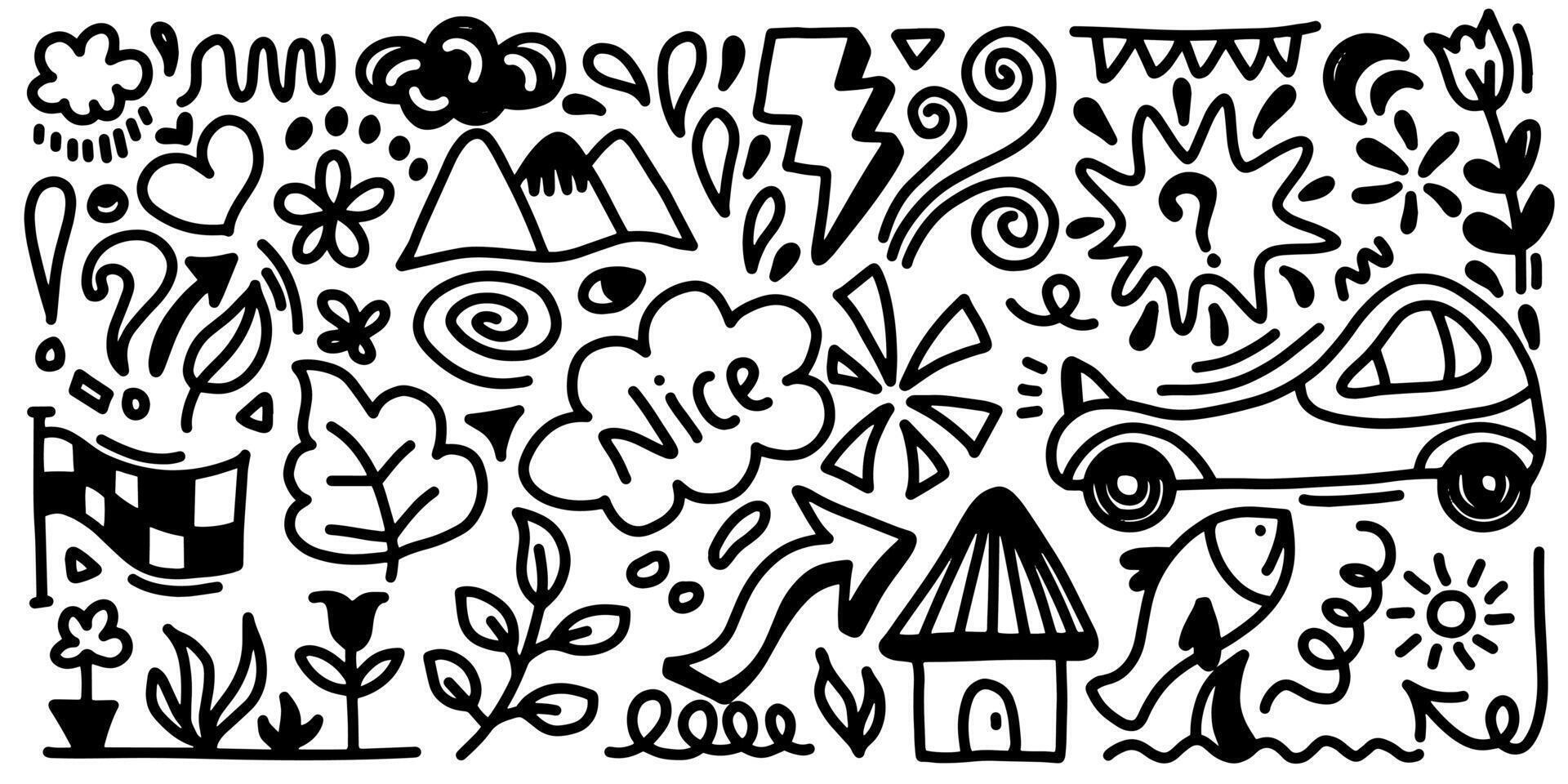 Doodle set of hand drawn elements. Doodle heart, arrow, star, sparkle decoration symbol set icon. vector