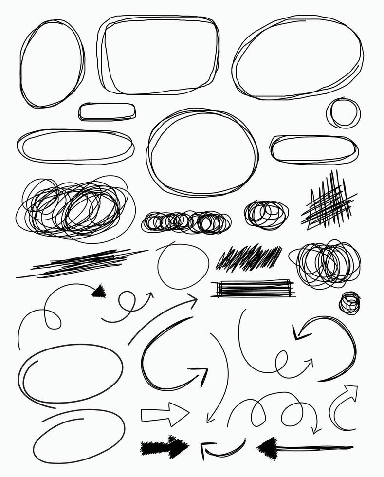 Grunge lines, arrows, scrawls, crayon scribbles, rough brush pen strokes, underlines, strikethroughs, bold doodle freehand shapes, underline typography scribbles, crosses, and curves vector