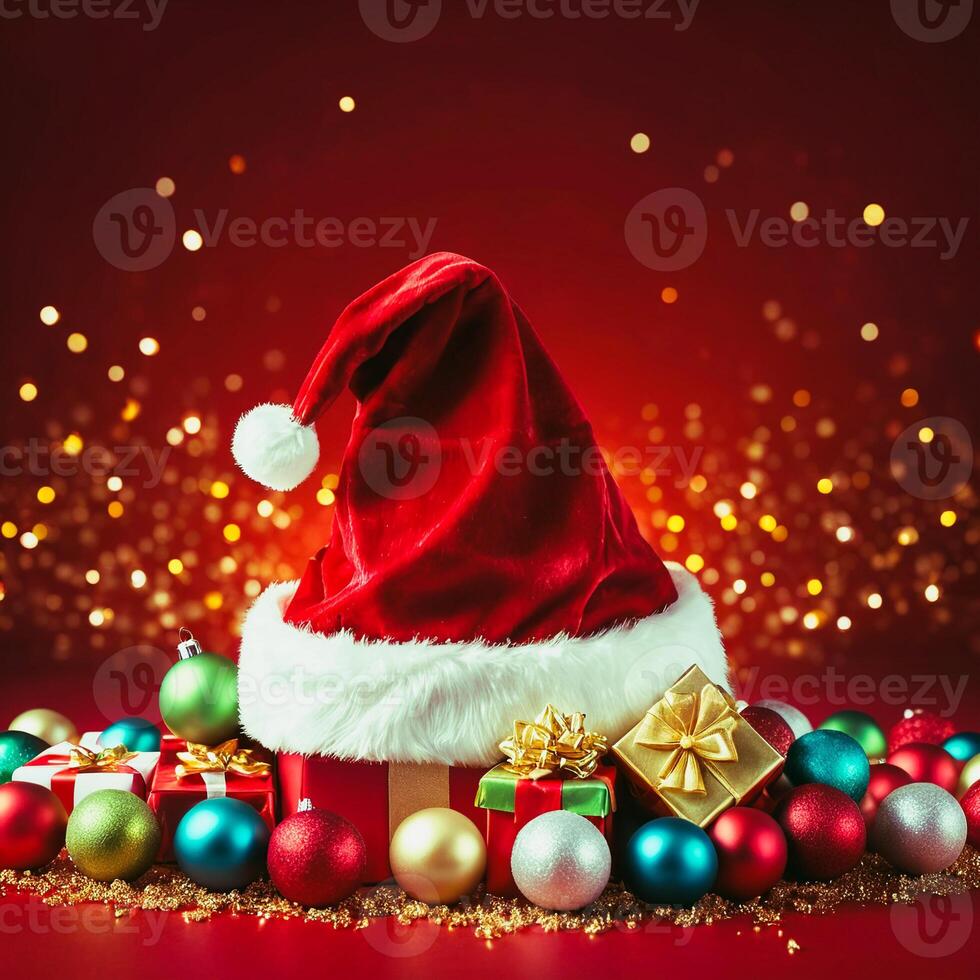 A vibrant Santa hat cutout brimming with colorful ornaments and sweet treats, set against a bright red background, exuding joyful holiday spirit. photo
