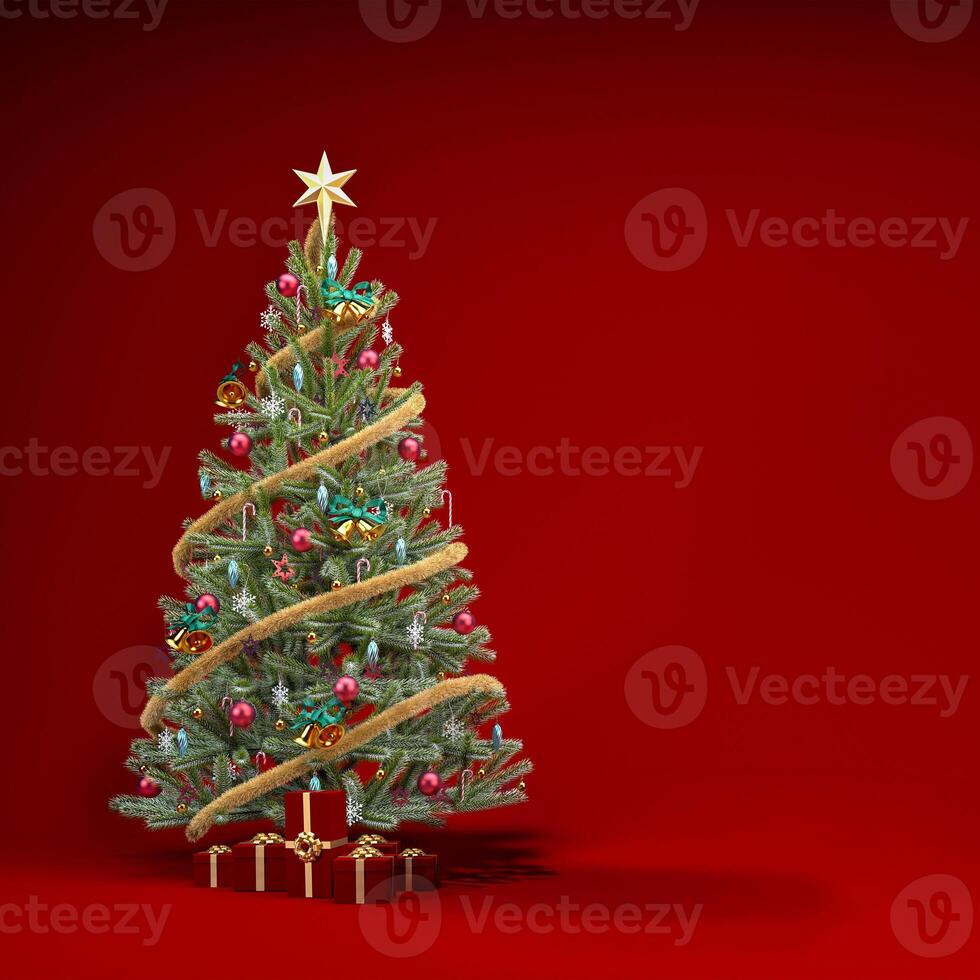Christmas red background concept with ornaments and presents. Christmas tree with ornaments, gift boxes and copy space on dark red background, 3d rendering illustration. photo