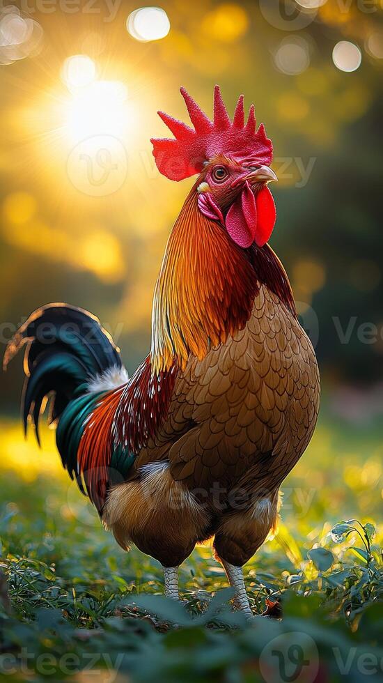 Handsome rooster crowing at sunrise in a serene outdoor garden photo