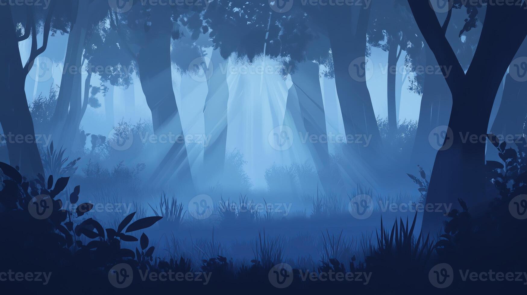 Blue scary forrest with shafts in fog photo