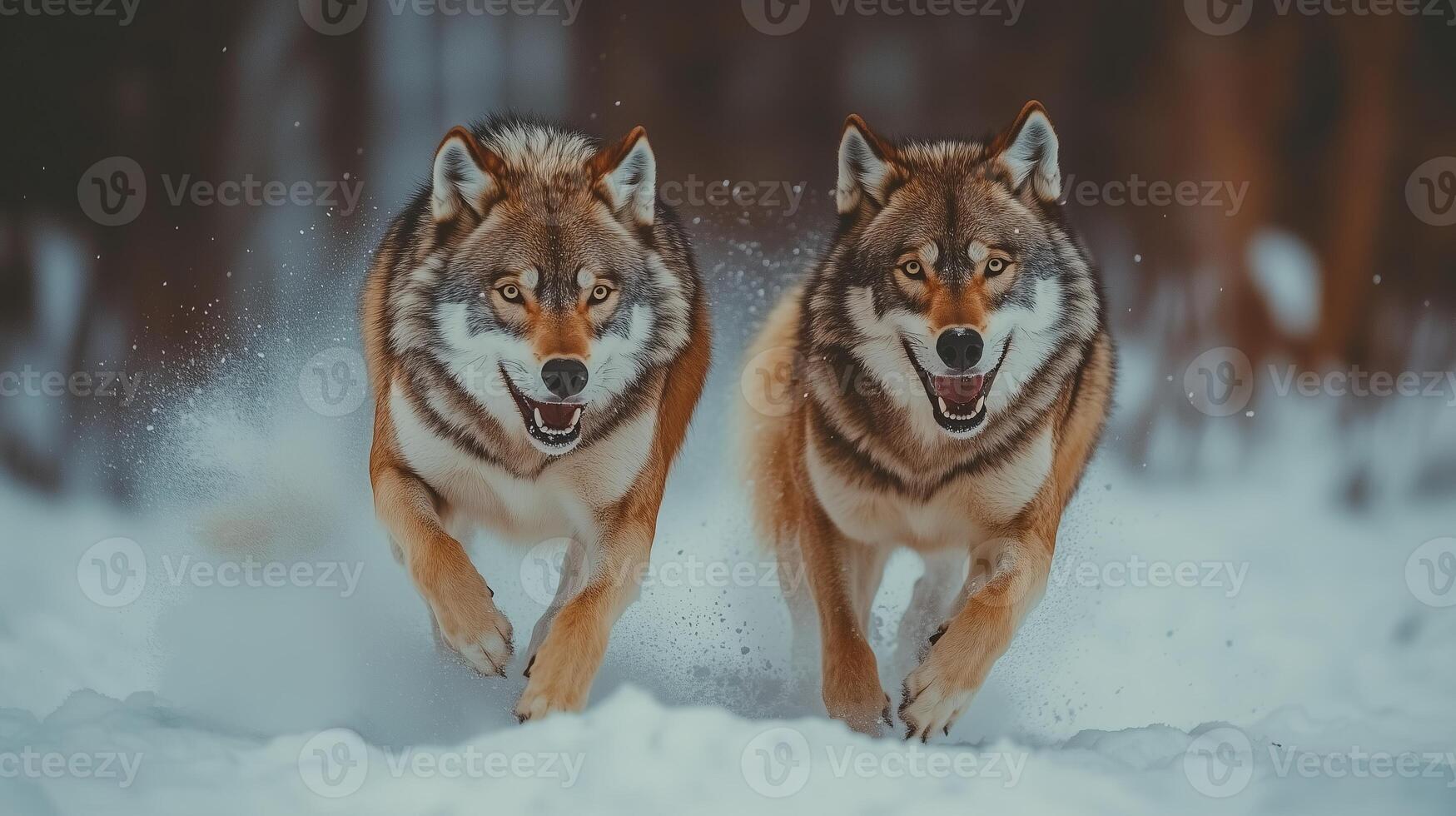 Wolves running through snowy terrain in a forest photo