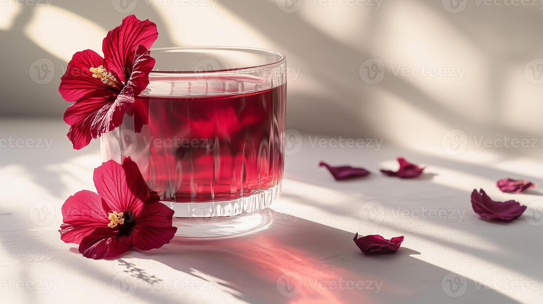 A glass cup filled with deep red hibiscus tea photo