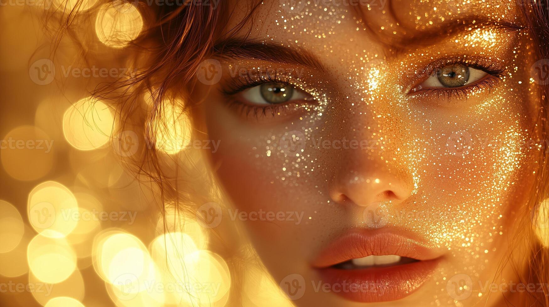 Woman face on Abstract golden background with bokeh effect photo