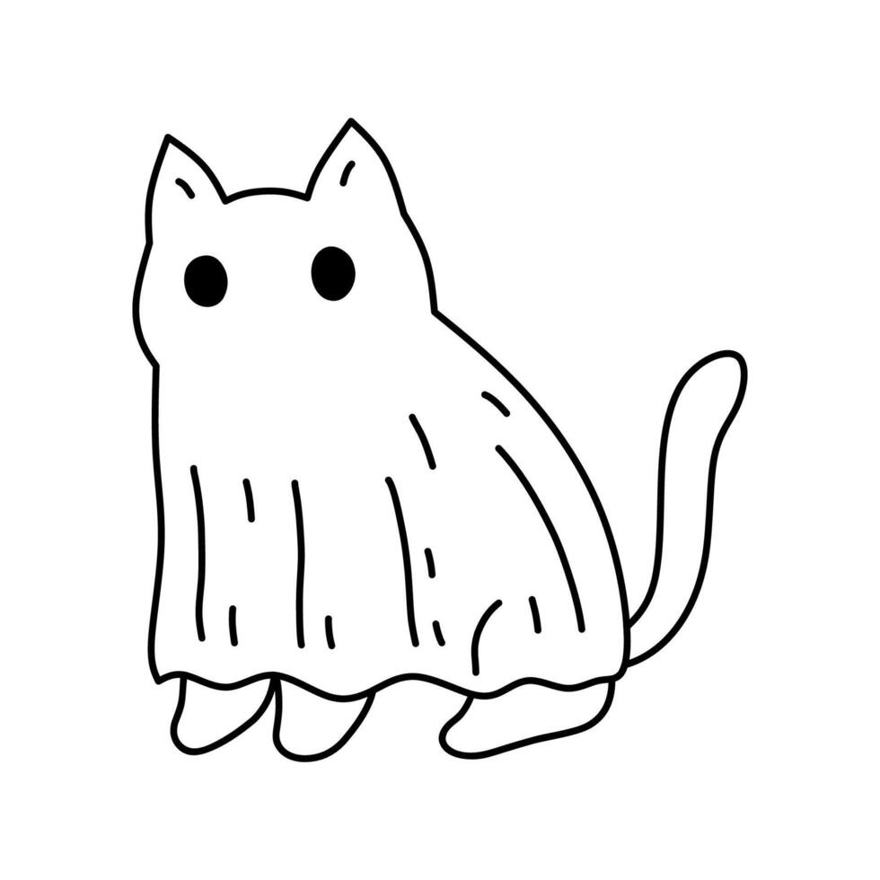 Cat dressed like a ghost isolated on a white background. Hand-drawn illustration in doodle style. Perfect for decorations, logo and Halloween designs. vector