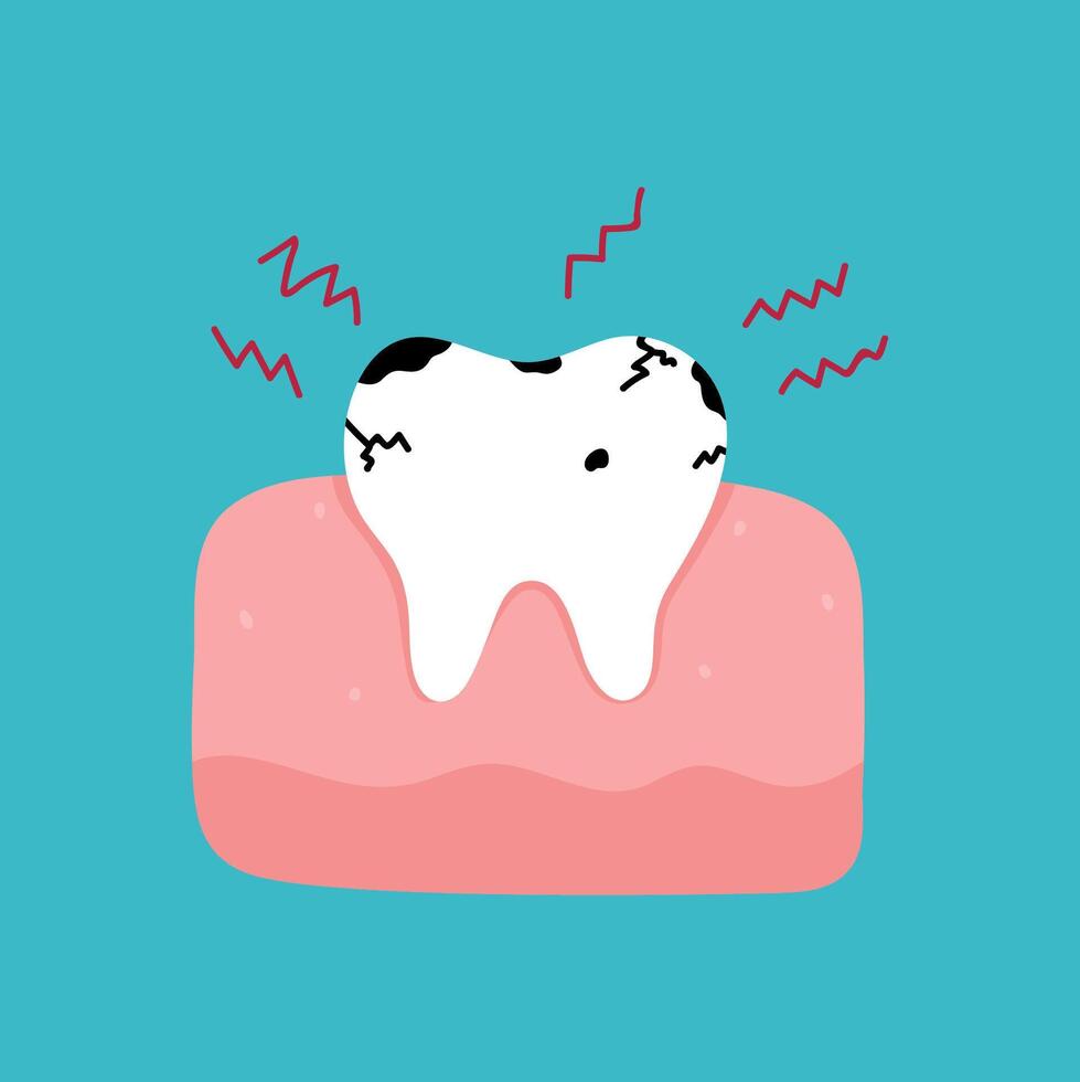 A diseased tooth affected by caries. Toothache. hand-drawn illustration in flat style. Dental care, oral hygiene concept. vector