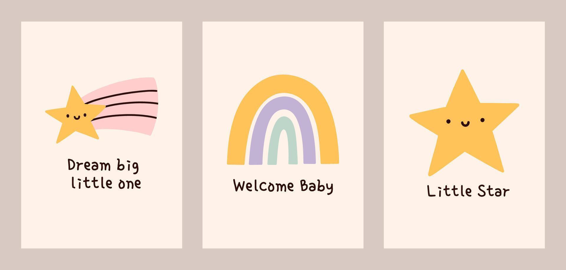 Set of cute baby shower cards in pastel colors. Three kawaii designs with adorable characters. Perfect for invitations, posters, greeting cards, decorations. vector