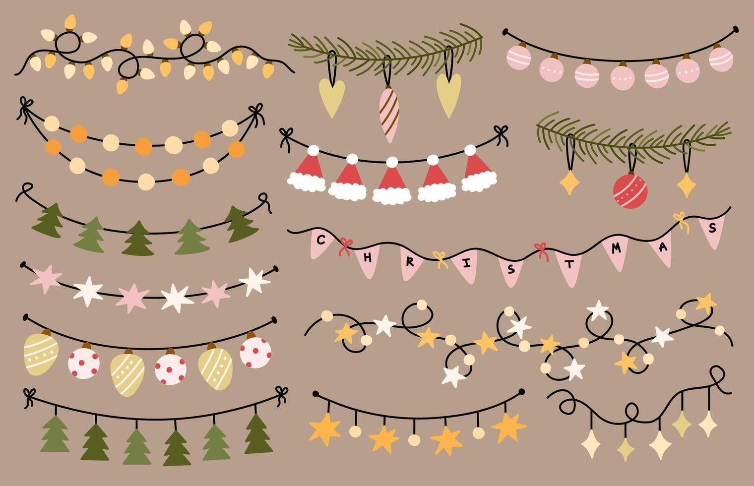A set of different festive garlands, baubles, bulbs for Christmas and other holidays. hand-drawn illustration in flat style. Suitable for season and celebratory decor. vector