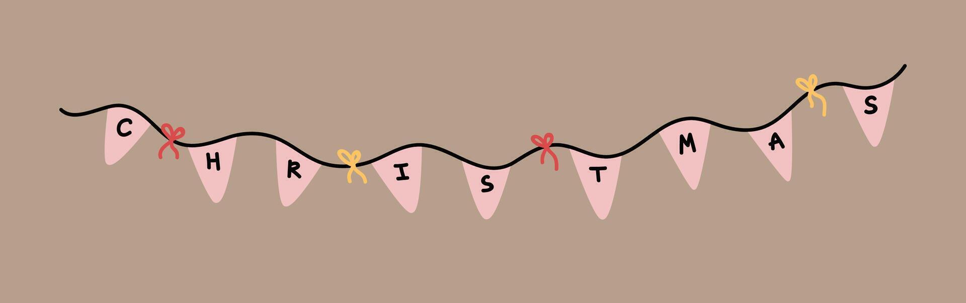 A cute banner with festive pink flags that spell out Christmas. Perfect for season and holiday designs. hand-drawn illustration in flat style. vector