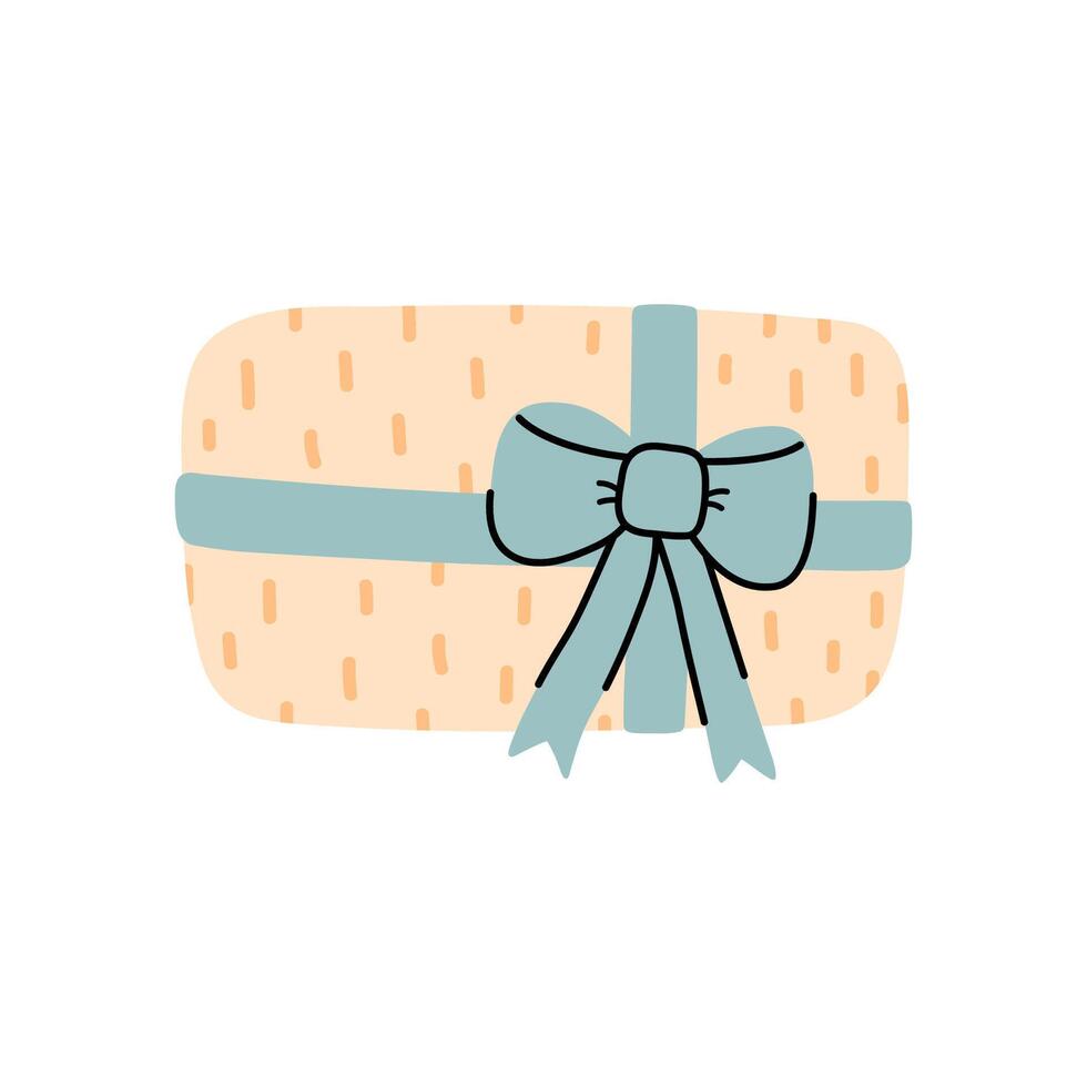 Cute wrapped gift with a blue bow isolated on white background. hand-drawn illustration in flat style. Perfect for holiday and birthday designs, cards, decorations, logo. vector