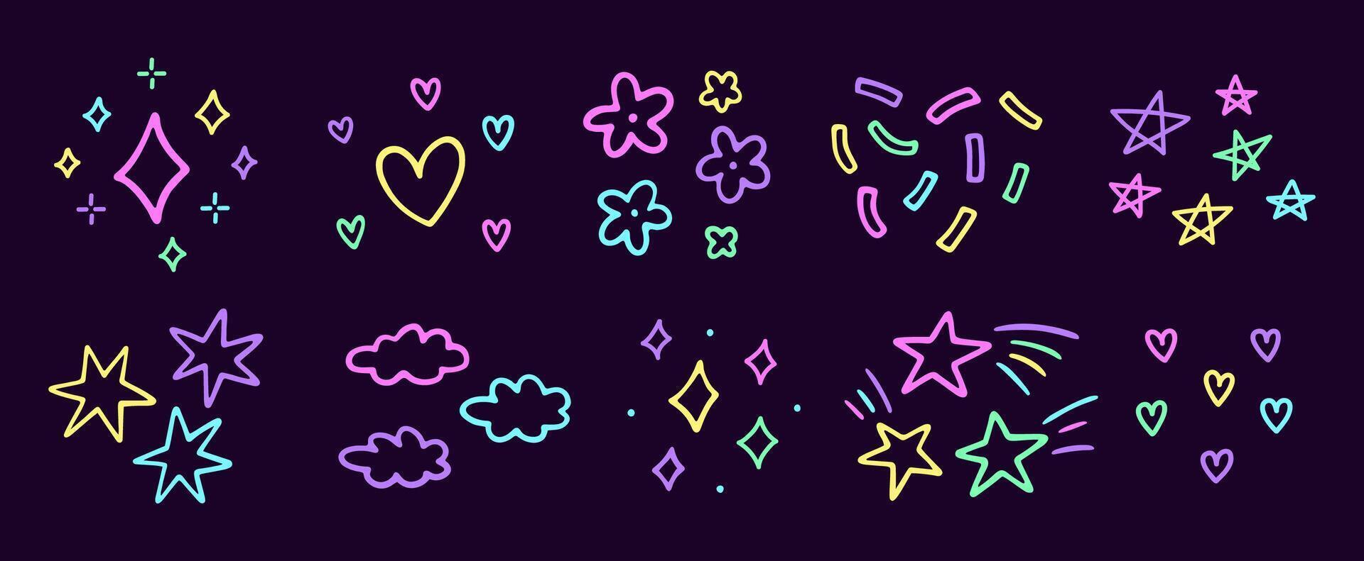 Cute neon decorative design elements. Abstract squiggles of different shapes - stars, hearts, flowers, confetti, sparkles. hand-drawn doodle illustration isolated on dark background. vector