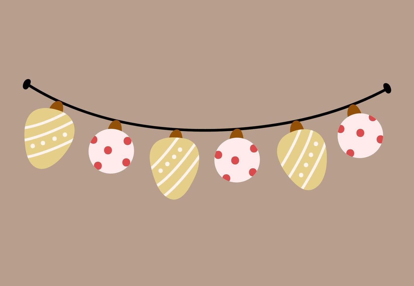 Decorative Festive garland with Christmas baubles on a beige background. Suitable for season and holiday designs. hand-drawn illustration in flat style. vector