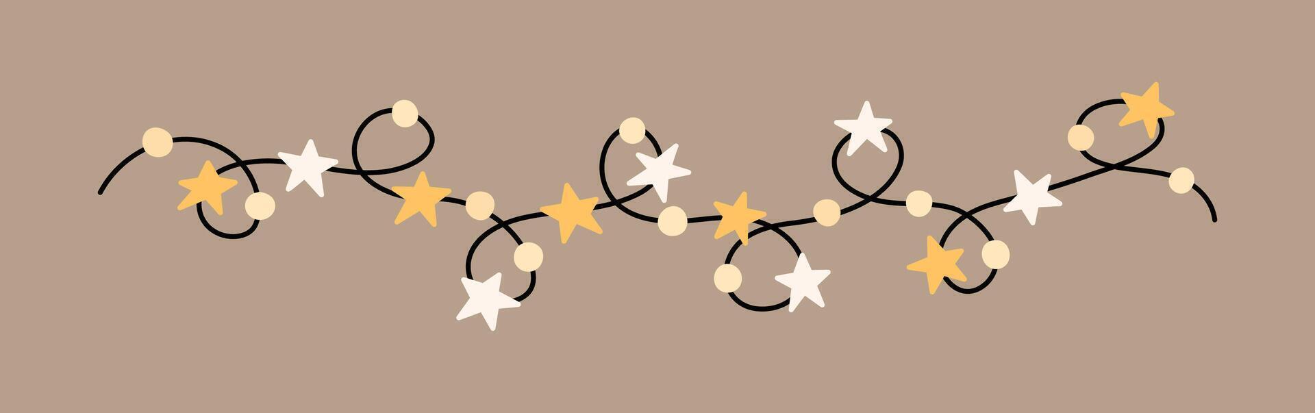 Decorative festive garland with stars and bulbs on a beige background. Suitable for season and holiday designs. hand-drawn illustration in flat style. vector