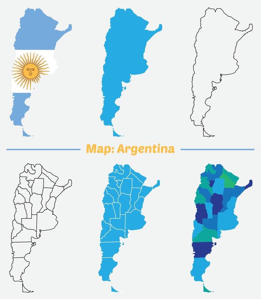 Argentina country map set. internal provinces borders marked, Simple map of Argentina drawing, Filled and outline. vector