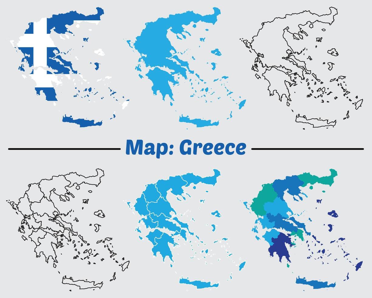 Greece country map set. internal provinces borders marked, Simple map of Greece drawing, Filled and outline. vector