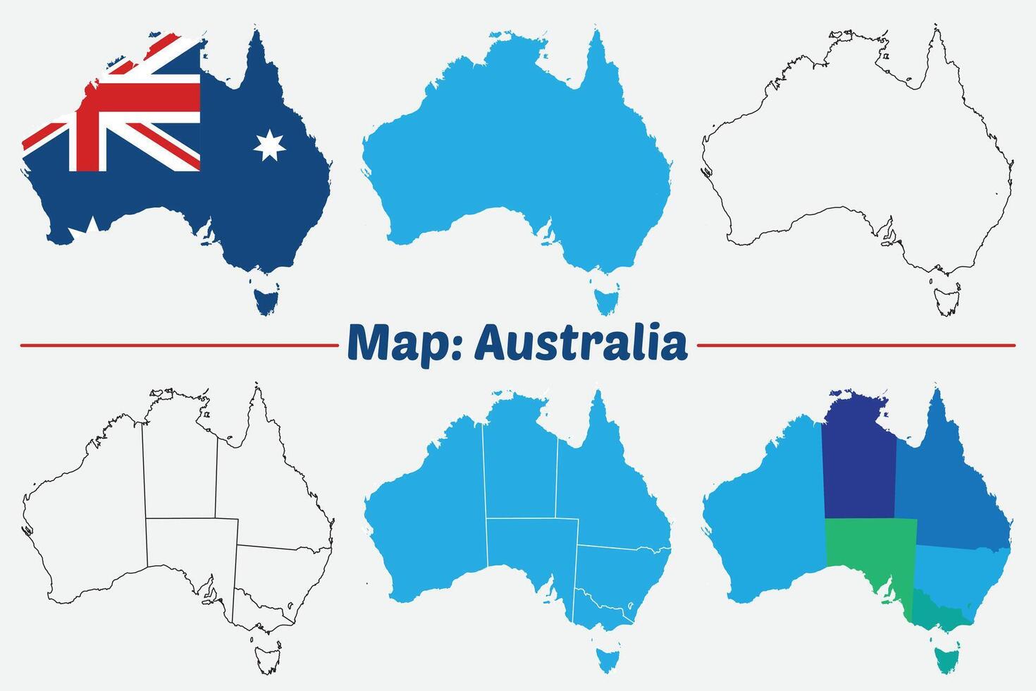 Australia country map set. internal provinces borders marked, Simple map of Australia drawing, Filled and outline. vector