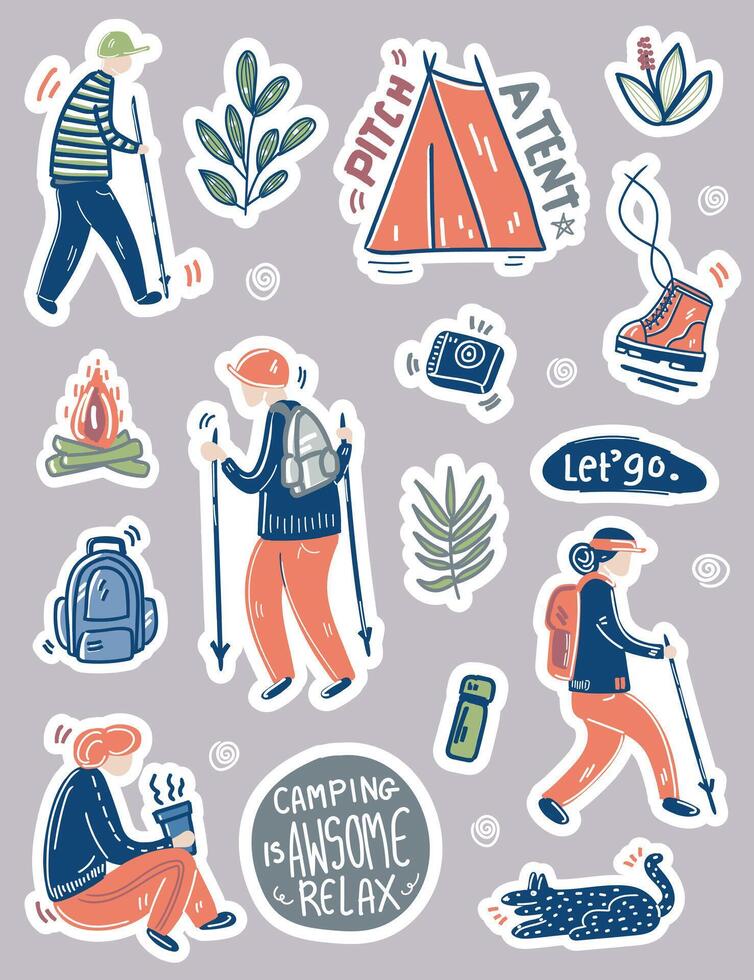 Hiking and camping, doodle style, Stickers with die cut lines vector