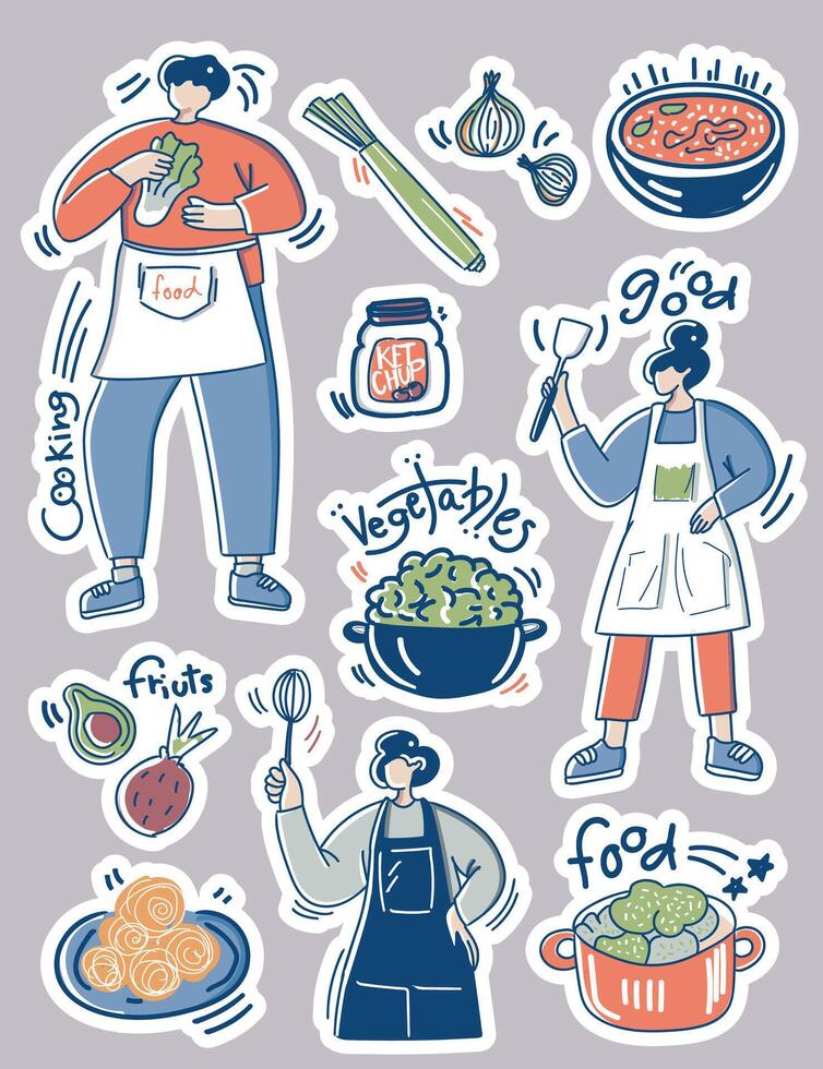 Cooking activities doodle style, Stickers with die cut lines vector