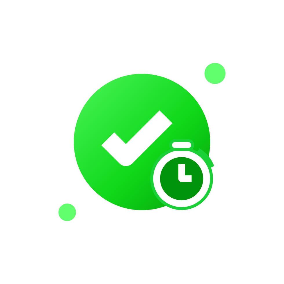 flat icon illustration of on time with a green checkmark and a stopwatch, symbolizing punctuality and time management. for applications related to deadlines, scheduling, productivity, or efficiency vector