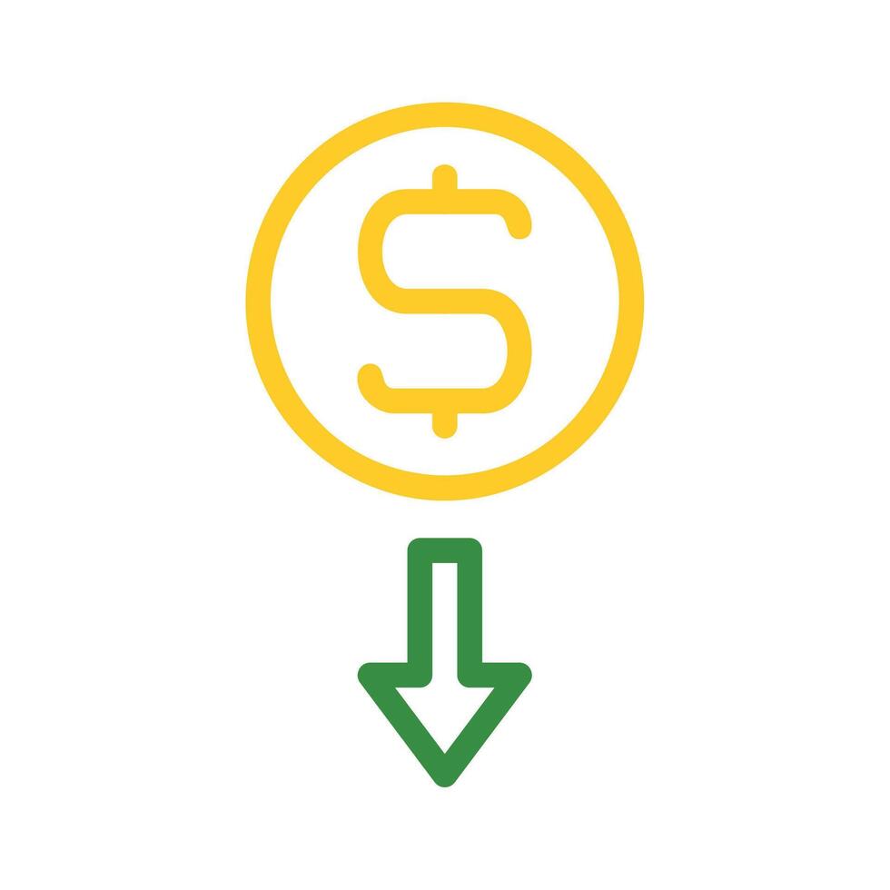 Dollar coin with down arrow. Concept of financial loss, reduction, and decrease. vector