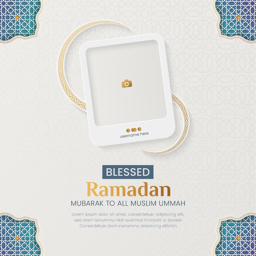 Ramadan Kareem Islamic social media post with decorative photo frame and color pattern vector