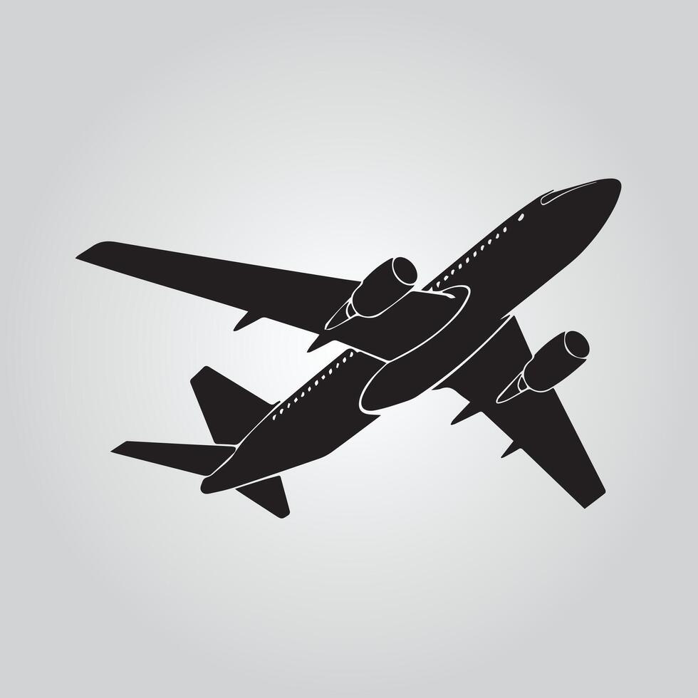 A clean, straightforward silhouette of a jet airplane in flight against a light gray background. vector