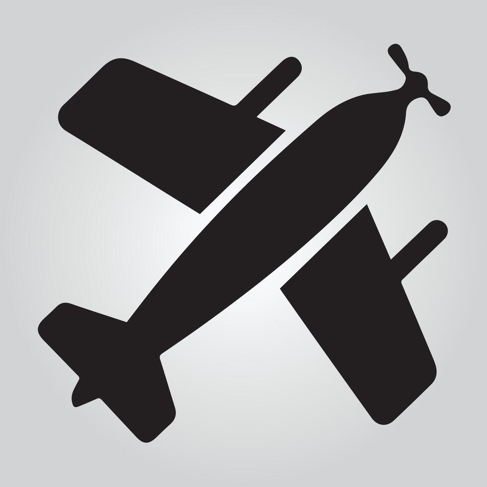 A stylized, black silhouette of an airplane in flight, set against a light gray background. vector