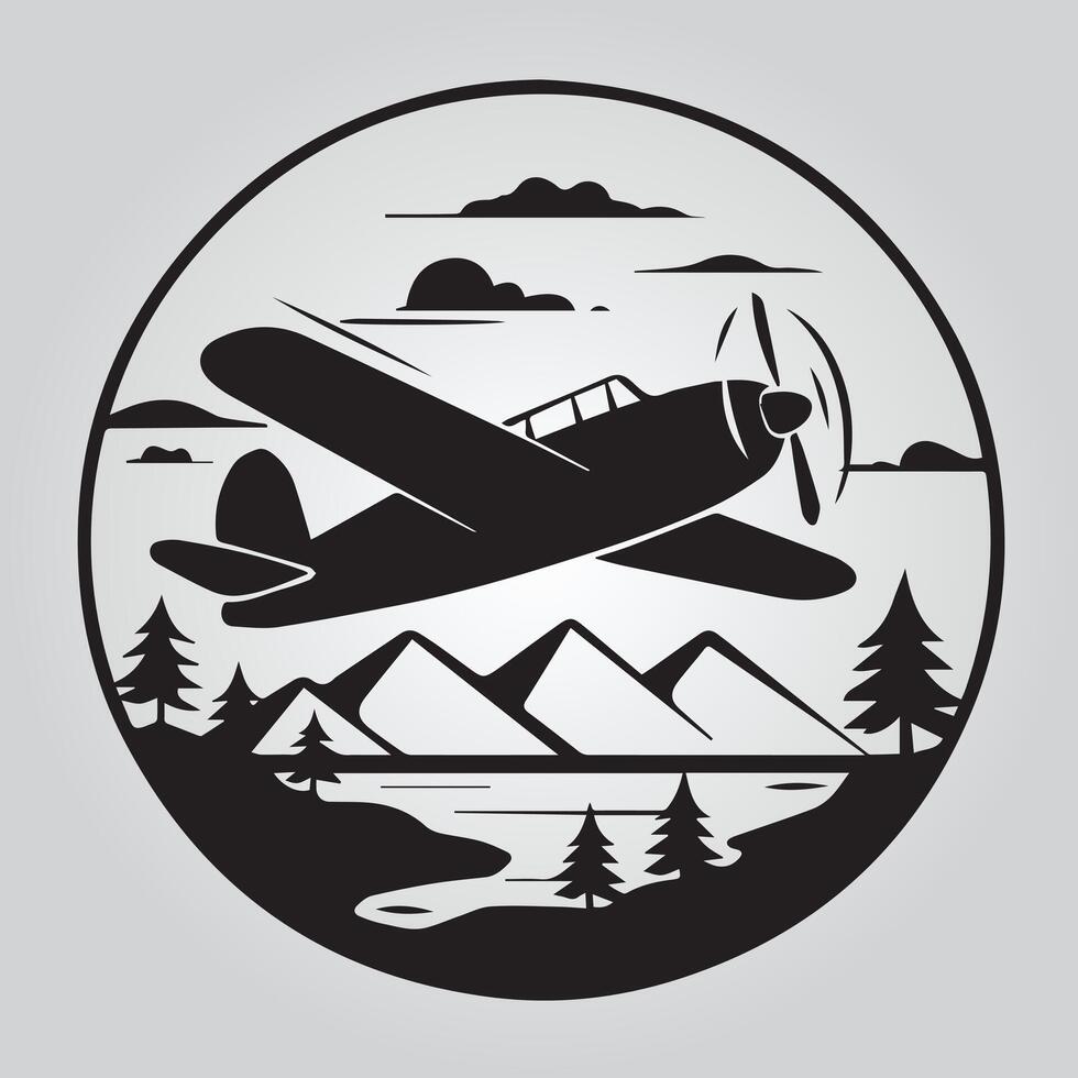 A stylized, black silhouette of an airplane against a light gray background. vector