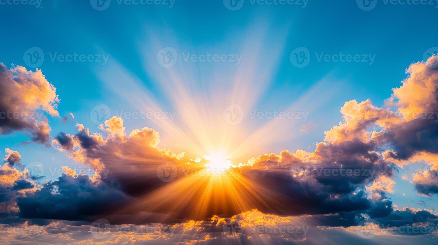 Stunning sunset with rays of light breaking through clouds photo