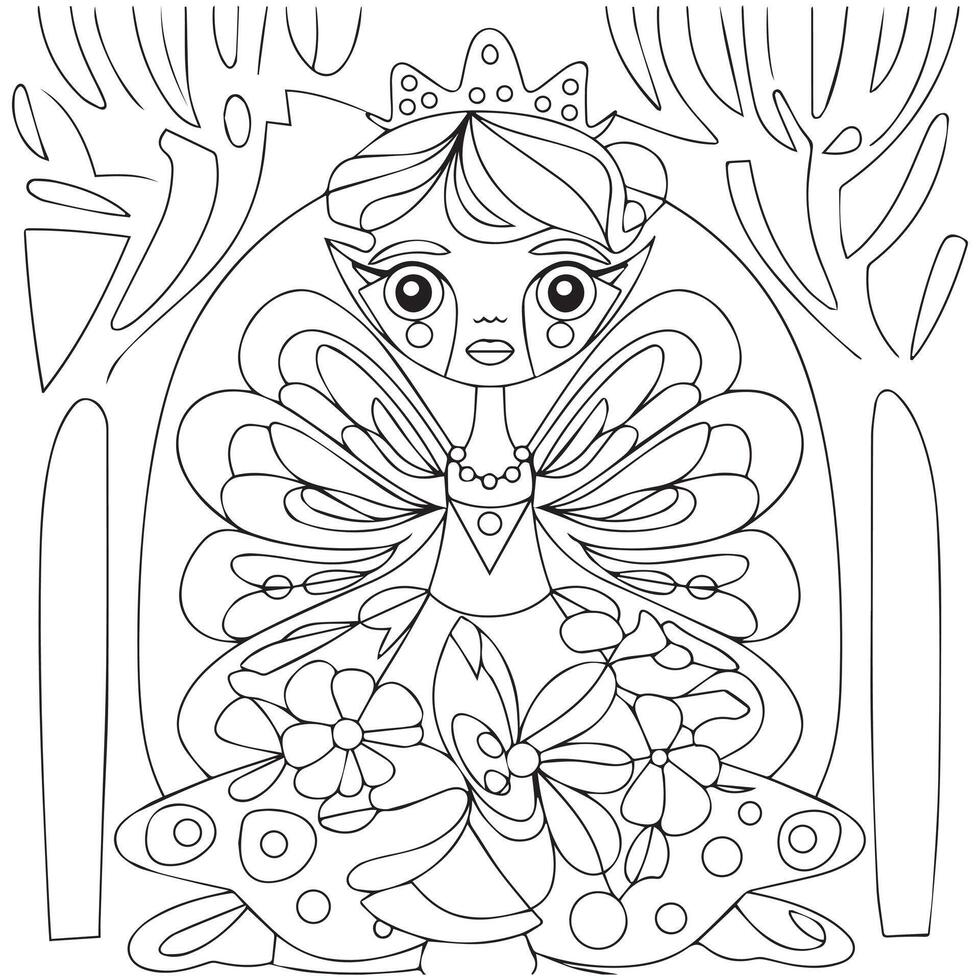 Cute kawaii fairy holding flowers outline coloring page for kids vector