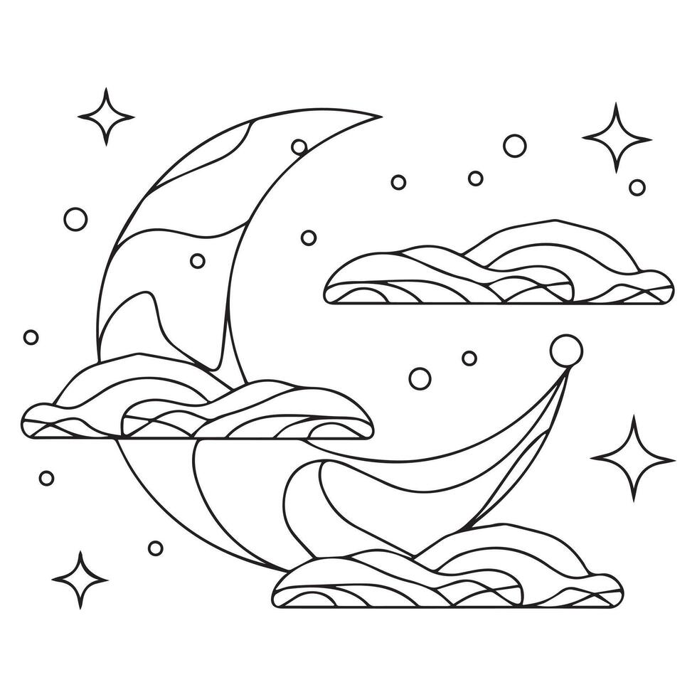 cute moon sleeping with clouds lineart on white background vector