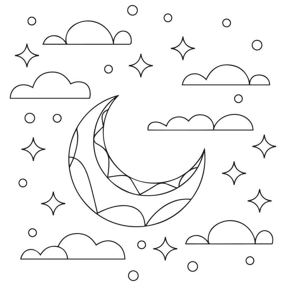 Outline illustration of crescent with cloud and star. Line drawing for the mystical blog, social media, sticker, or card. Tarot, astrology, spiritual concept. vector