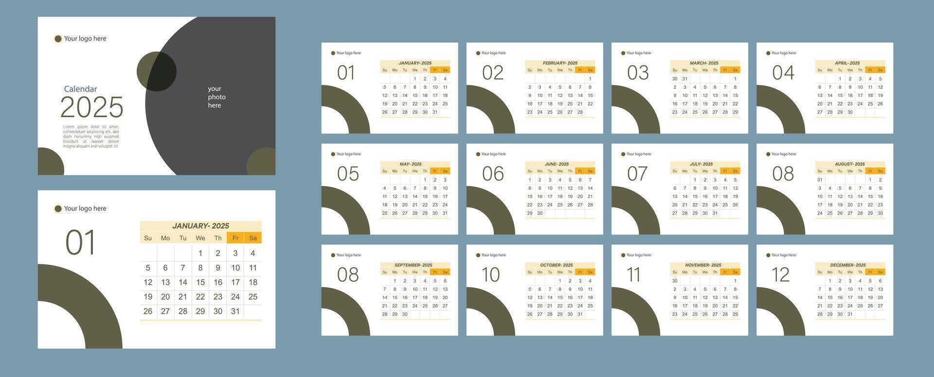 A modern, clean, and stylish calendar template for 2025 vector