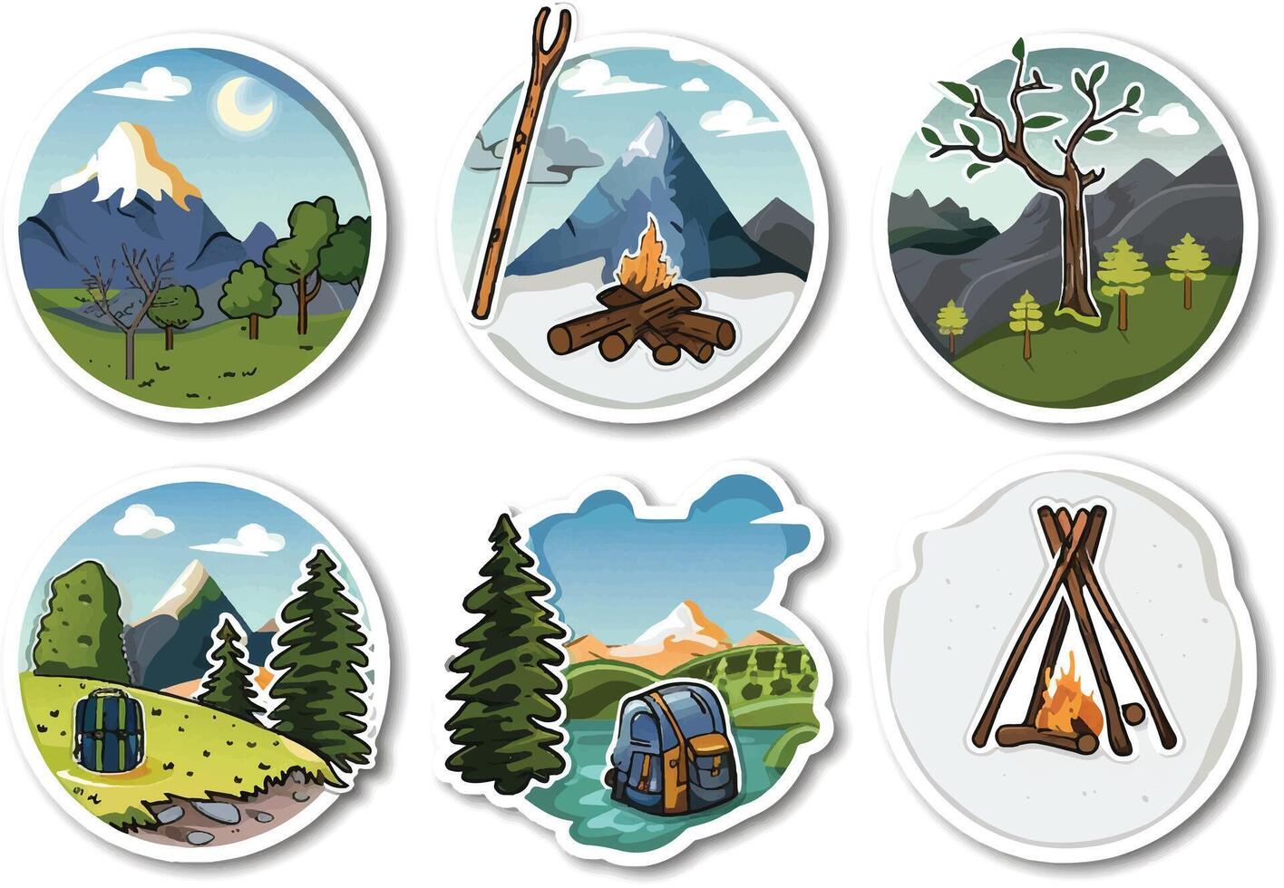 Set of stickers with camping, hiking, camping, camping, camping, camping, camping, camping vector
