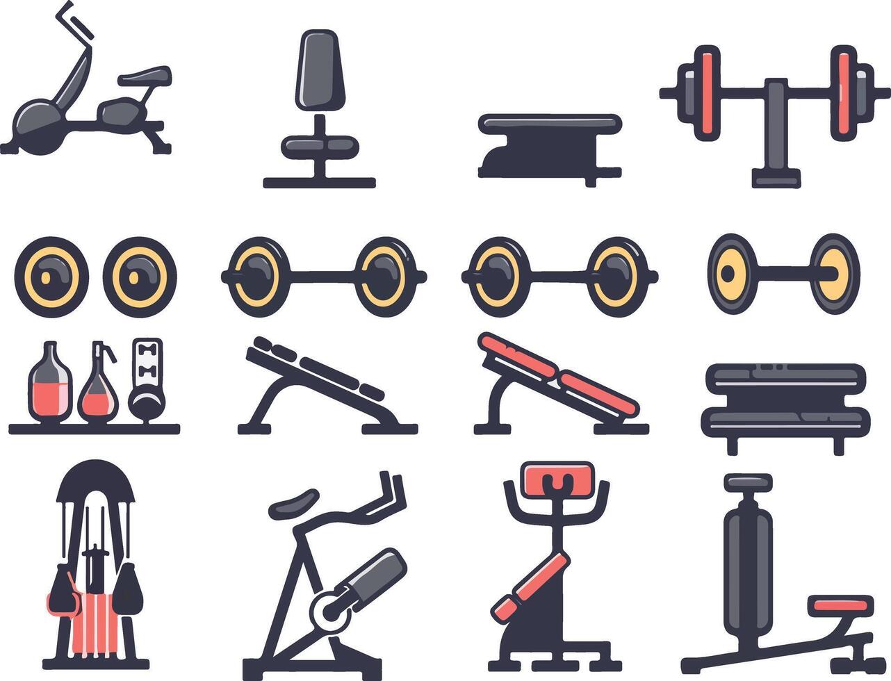 Gym equipment icons set isolated on white background vector