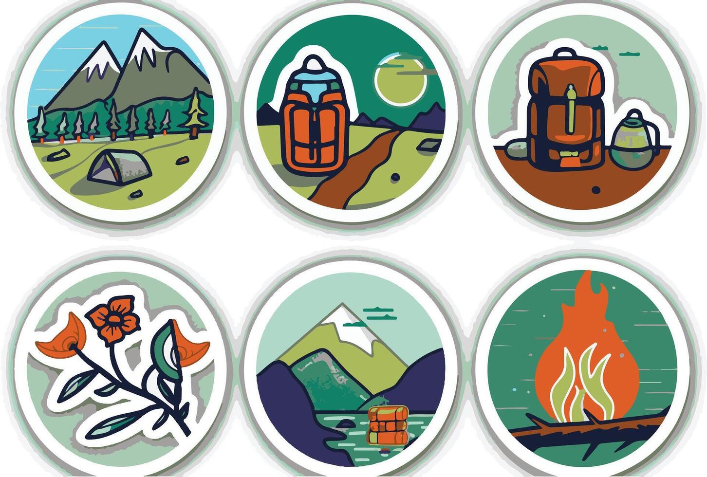 Set of stickers with camping and hiking scenes vector