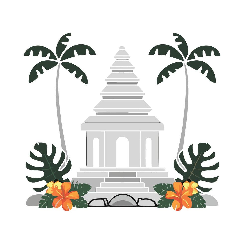 An illustration of a temple with palm trees and flowers vector
