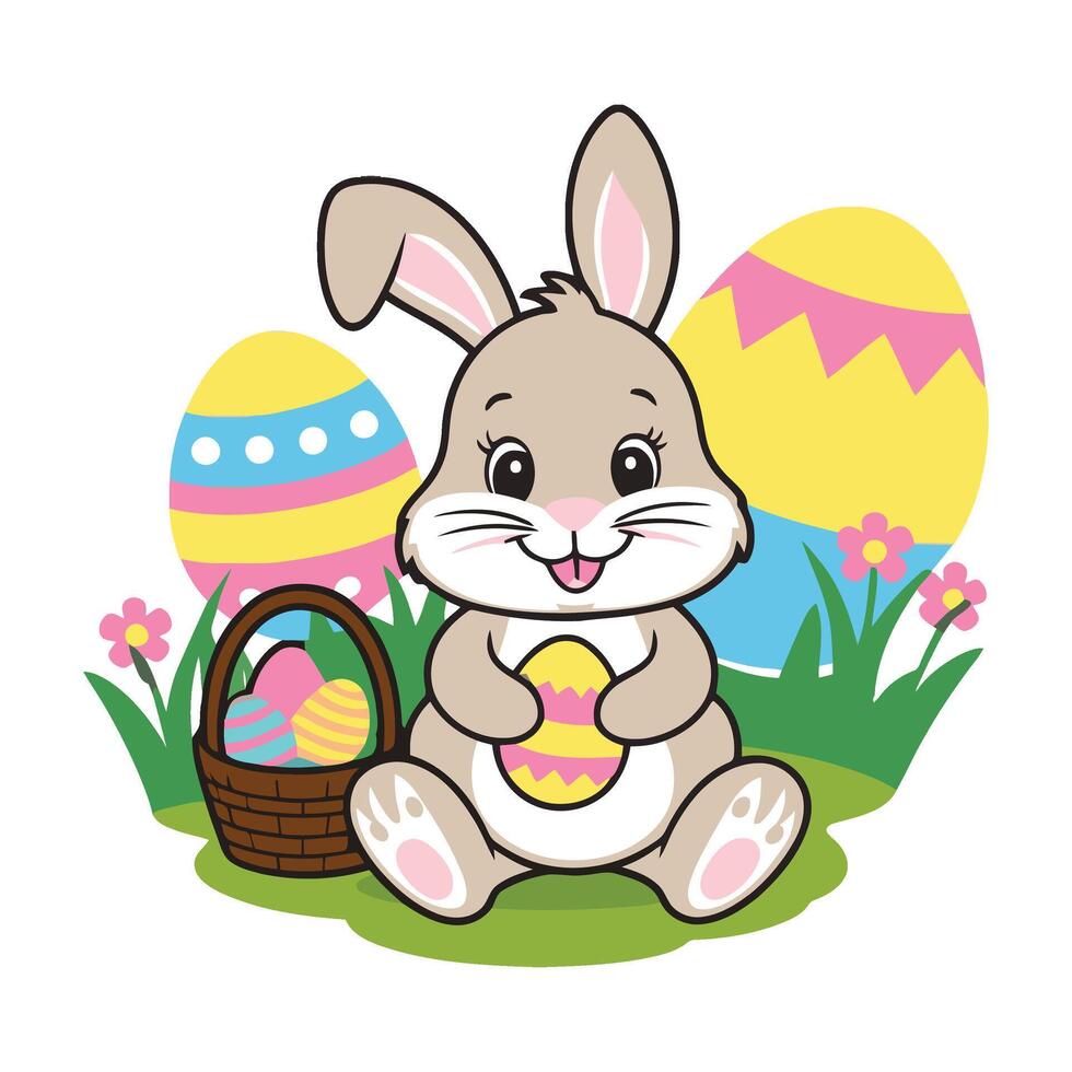 Easter bunny with basket of eggs vector
