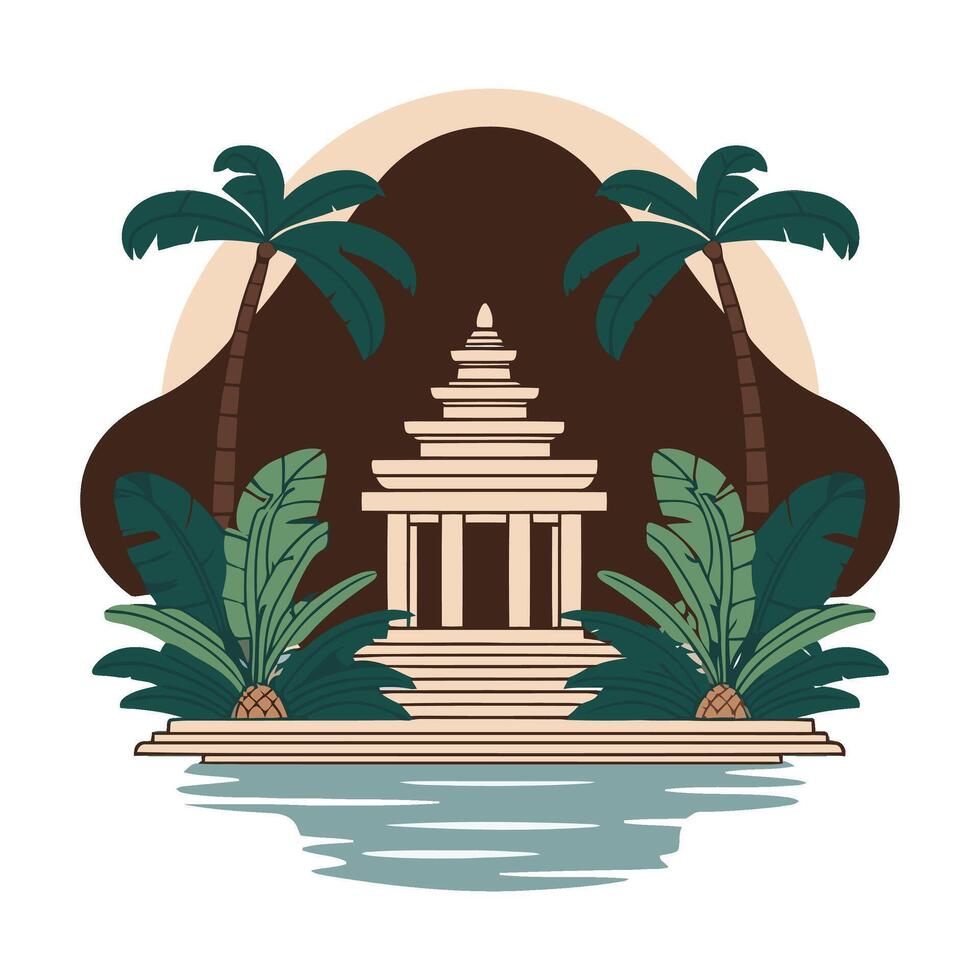 An illustration of a temple with palm trees and water vector