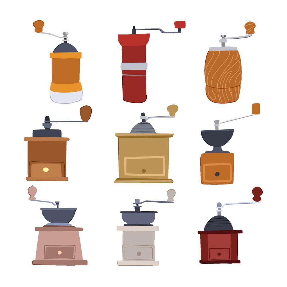 manual coffee grinder set cartoon illustration vector
