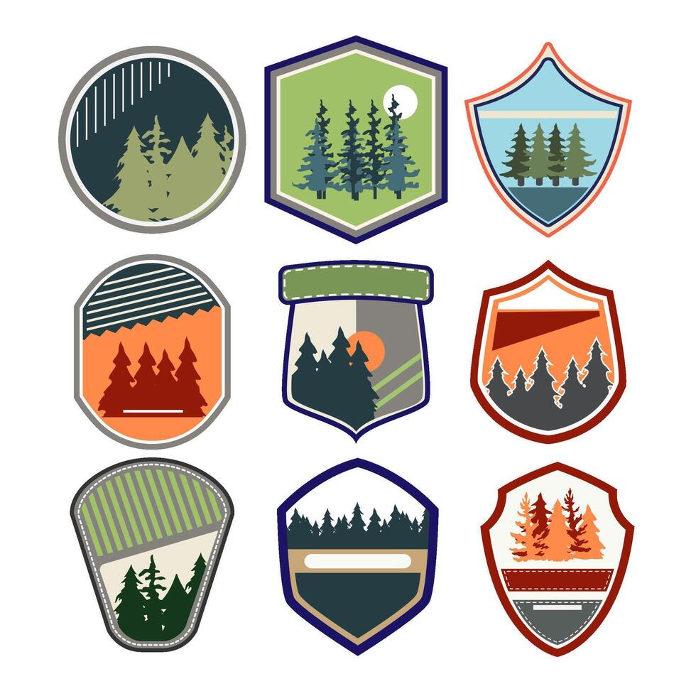 retro forest badge set cartoon illustration vector