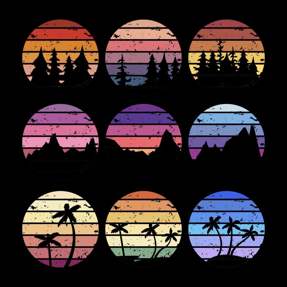retro sunset set cartoon illustration vector